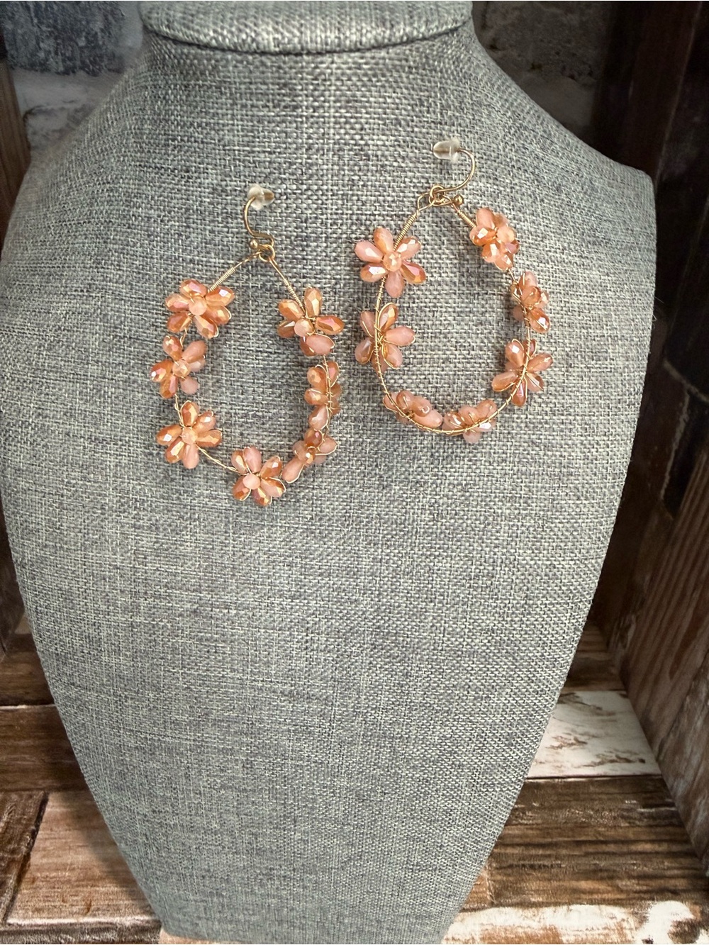 Gold Hoop Earrings with Peach Flower Charms